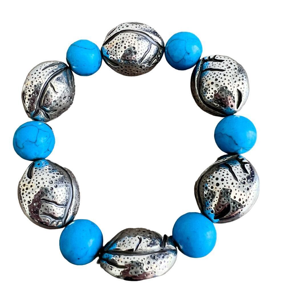 Unique and funky silver and turquoise beaded stretch bracelet
